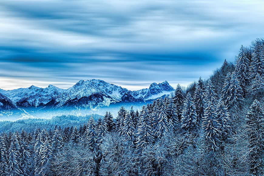 Snowy Alpine Forest And Mountain Range Under Dramatic Blue Sky
