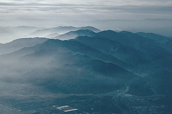 Misty Blue Mountain Range Aerial View