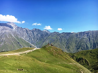 Gergeti Trinity Church in Kazbegi, Georgia Mountain Landscape