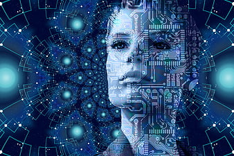 Futuristic woman face with circuit board technology overlay