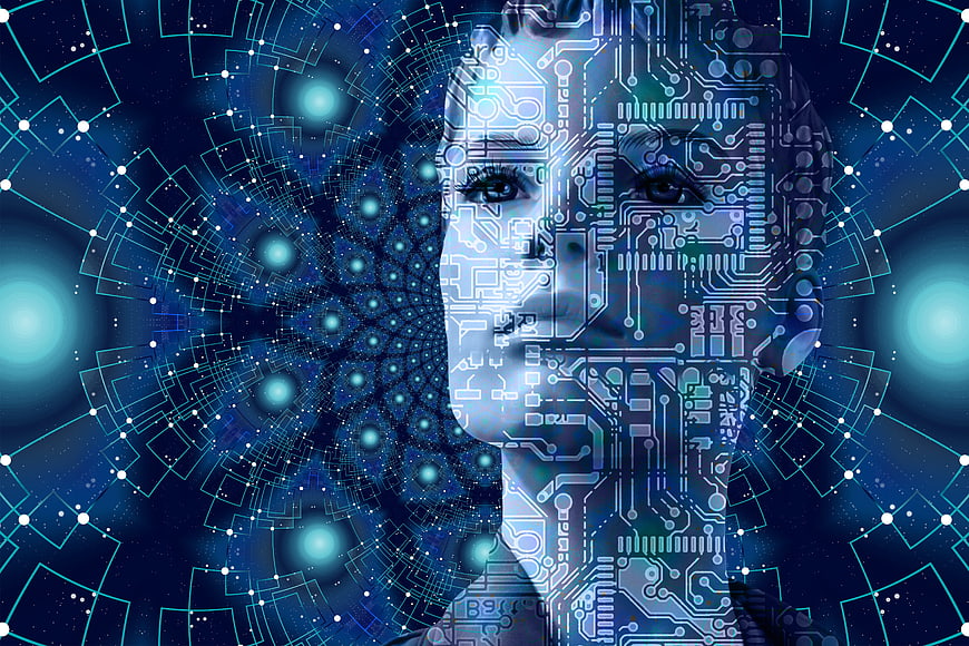 Futuristic woman face with circuit board technology overlay