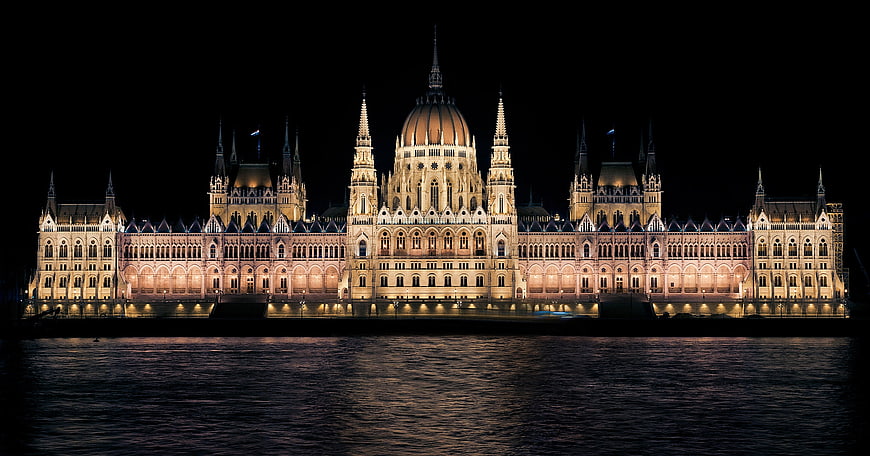 Illuminated Hungarian Parliament Building at Night on Danube
