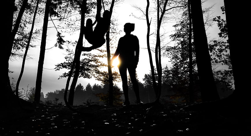 Silhouette of Mother and Child Playing in Forest