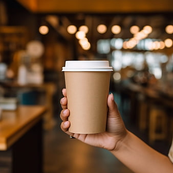 Hand holding takeaway coffee cup in blurred cafe background