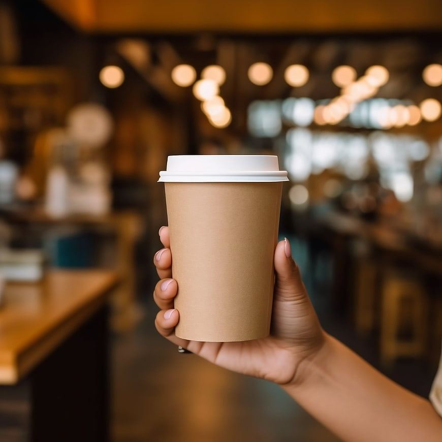 Hand holding takeaway coffee cup in blurred cafe background