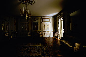 Dimly lit ornate palace interior with gold accents and chandelier