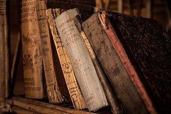 Close-up of antique books on a wooden shelf
