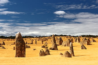 Pinnacles Desert Landscape with Limestone Formations and Blue Sky