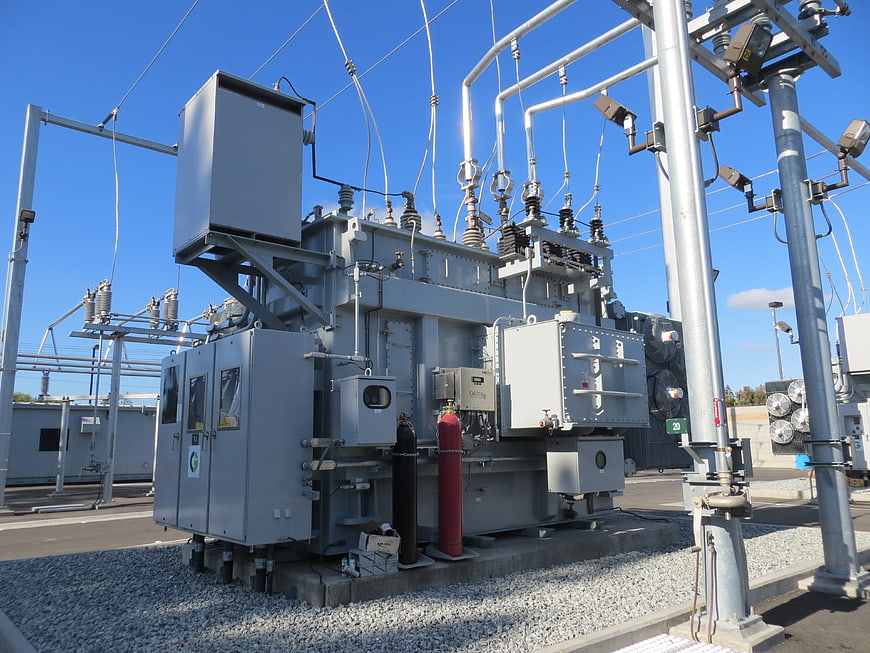 Large industrial electrical transformer in outdoor substation