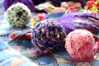 Colorful Handmade Woolen Pom Poms and Feathers