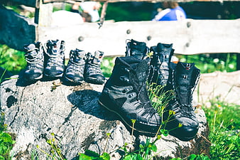 Hiking boots arranged on a rock in a sunny meadow
