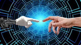 Robot and Human Hand Touching in Digital Blue Circuit Background