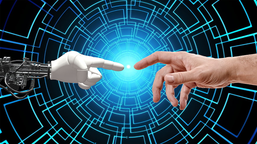 Robot and Human Hand Touching in Digital Blue Circuit Background