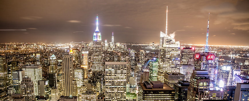 Panoramic Night Skyline of New York City with Empire State Building