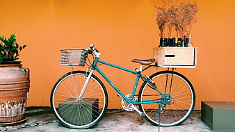 Teal Bicycle with Wooden Crate on Orange Wall