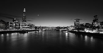 Black and White Night View of London Skyline and River Thames