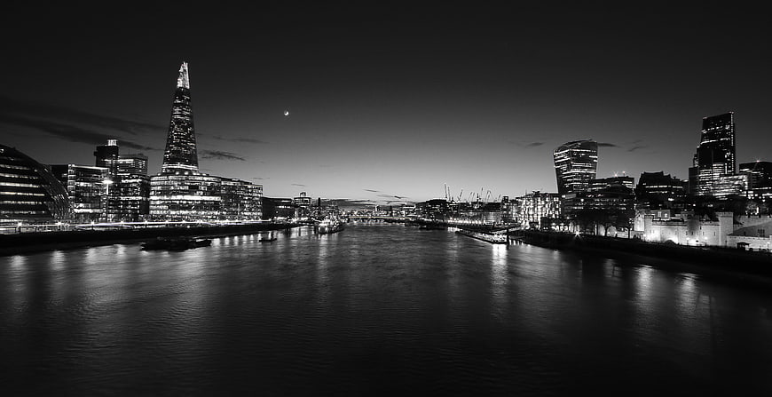 Black and White Night View of London Skyline and River Thames