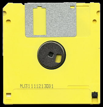 Yellow 5.25-inch floppy disk with black label and metal shield