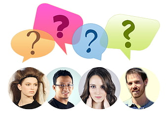 Diverse group of people with colorful question mark speech bubbles