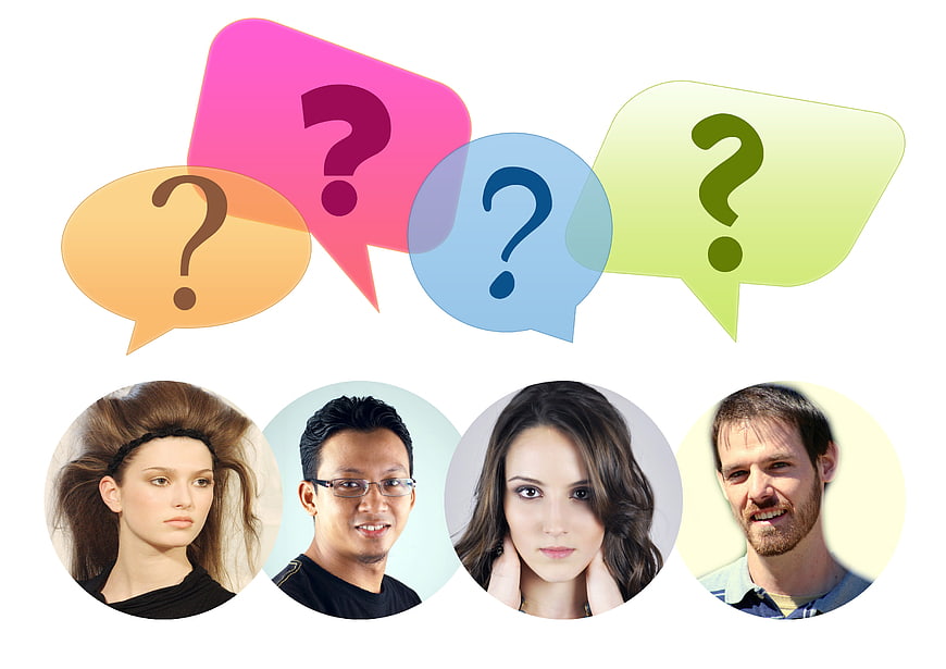 Diverse group of people with colorful question mark speech bubbles