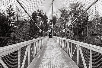 Black and white view of suspension bridge with giant hand sculpture