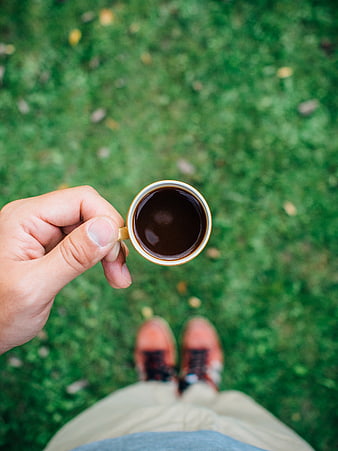 First-person view holding coffee cup over green grass