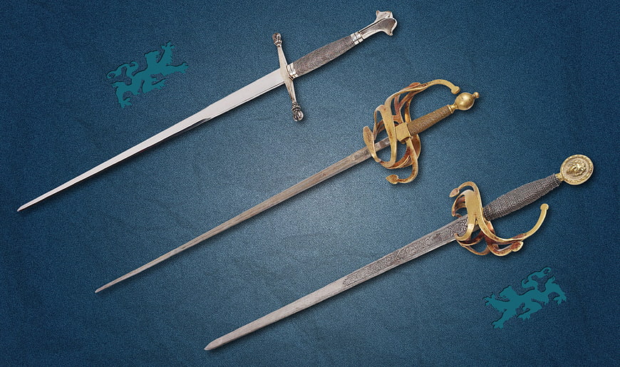 Three antique swords on blue background