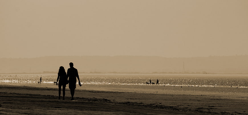 Silhouette of Couple Walking on Beach at Sunset