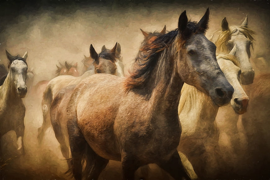 Digital painting of wild horses running through dust