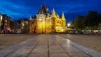 IJsselstein Castle at Night with Blue Sky and Cobblestone Square
