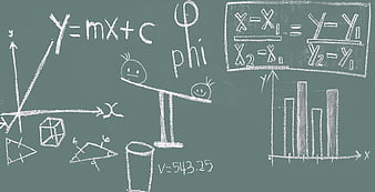 Chalkboard with math formulas, graphs, and doodles