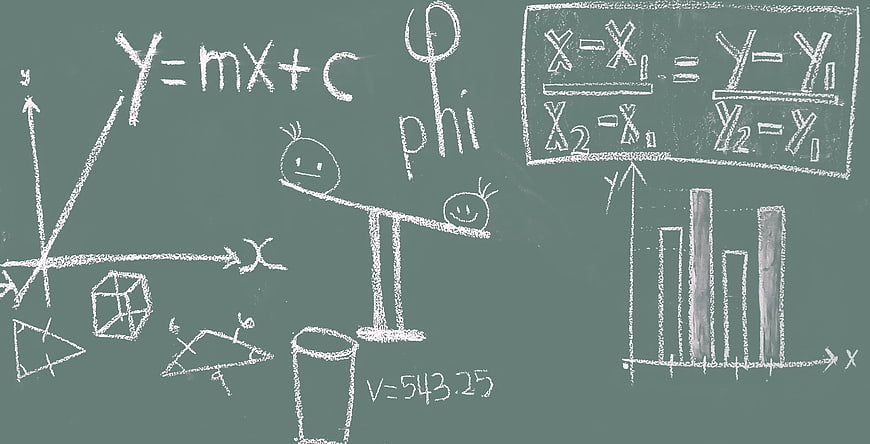 Chalkboard with math formulas, graphs, and doodles