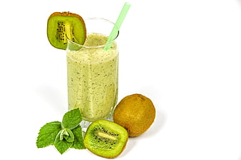 Fresh Kiwi Smoothie with Mint Garnish on White Background