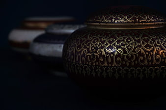 Antique Decorative Metal Jar with Gold Patterns