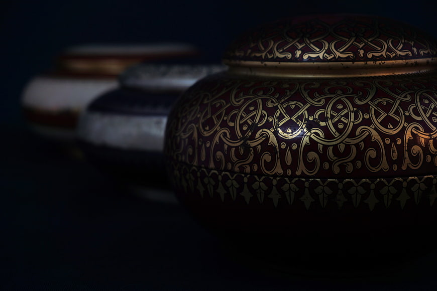 Antique Decorative Metal Jar with Gold Patterns