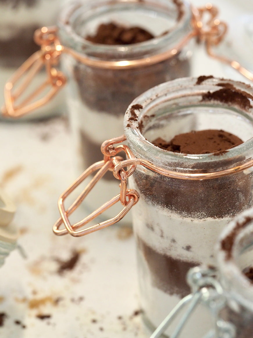 Layered Hot Chocolate Mix in Glass Jars with Copper Lids