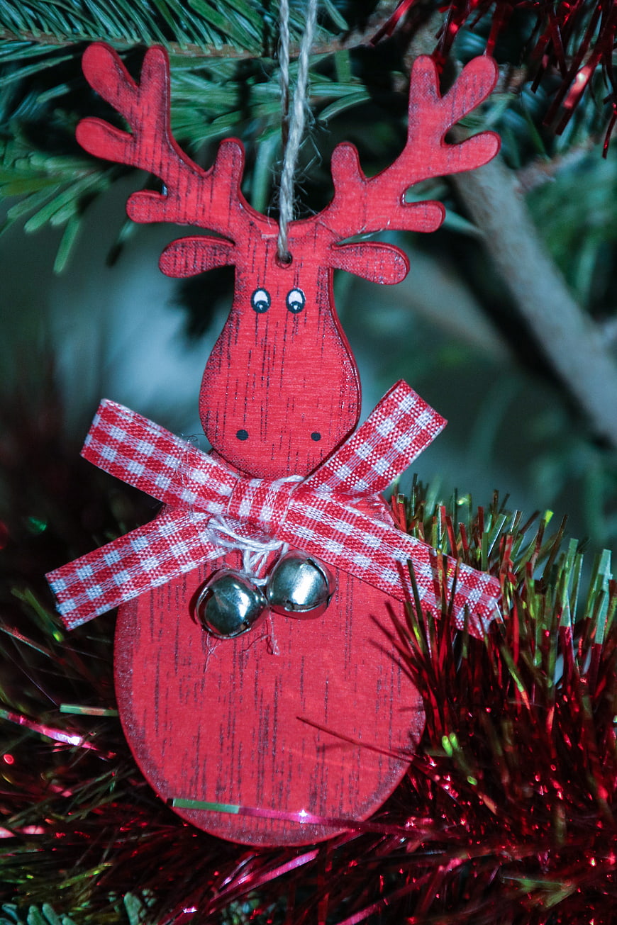 Red Wooden Reindeer Christmas Ornament with Bells