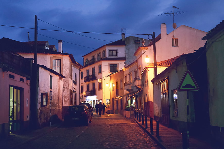 Cobblestone Street in European Town at Dusk