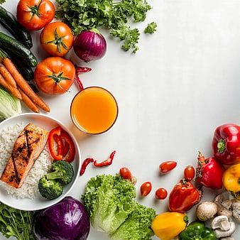 Healthy Grilled Salmon Bowl with Fresh Vegetables and Juice