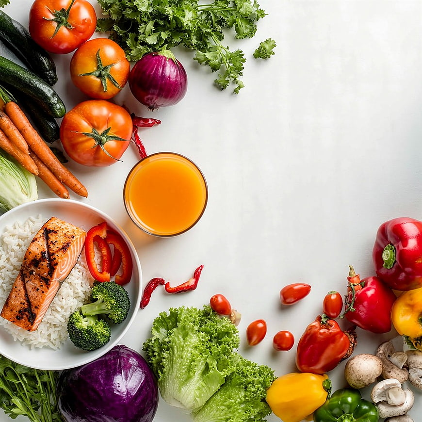 Healthy Grilled Salmon Bowl with Fresh Vegetables and Juice