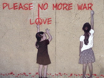 Two Girls Writing Peace Message on Wall