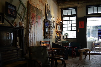 Vintage rustic interior with wooden furniture and old TV