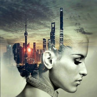 Double exposure woman profile with Shanghai city skyline