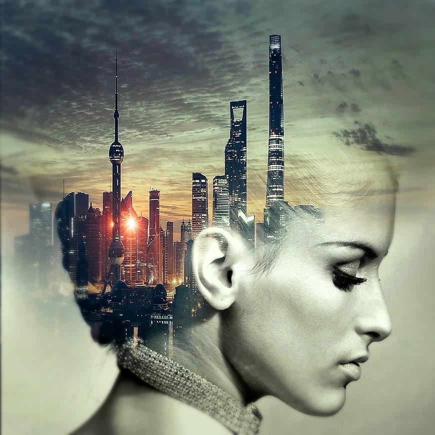 Double exposure woman profile with Shanghai city skyline