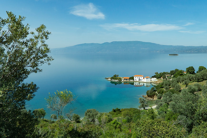Scenic coastal landscape with white houses and turquoise sea