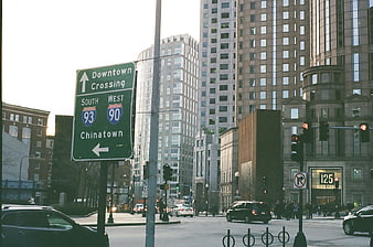 Boston Downtown Crossing Street Sign with City Skyline