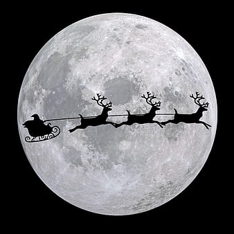 Santa Claus Sleigh Silhouette Flying Across Full Moon