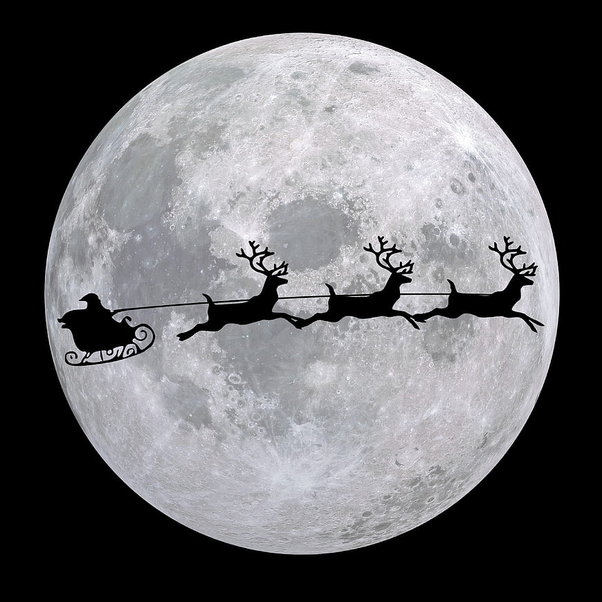 Santa Claus Sleigh Silhouette Flying Across Full Moon