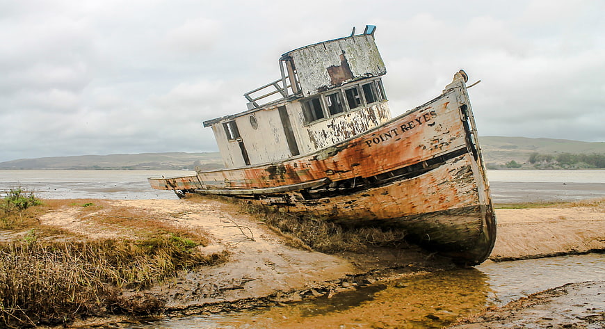 Abandoned Rusty Boat Point Reyes Stranded on Mudflats