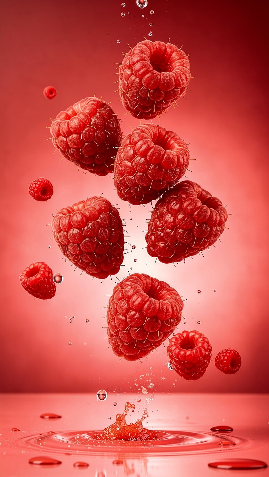 Fresh Raspberries Splashing in Red Liquid